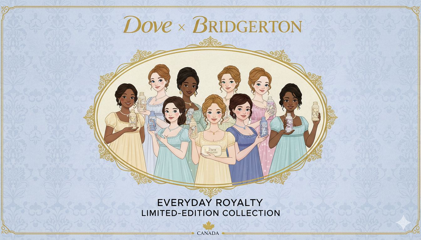 Dove x Bridgerton limited-edition body wash and scrub bottles in Moonlit Masquerade and Whispering Wisteria scents with elegant Regency-inspired packaging