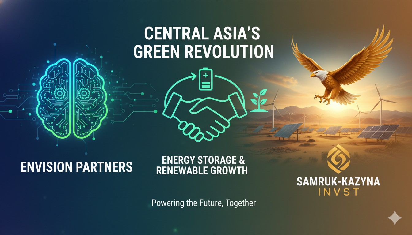 Executives from Envision Energy and Samruk-Kazyna Invest signing a partnership agreement amid a backdrop of renewable energy symbols.