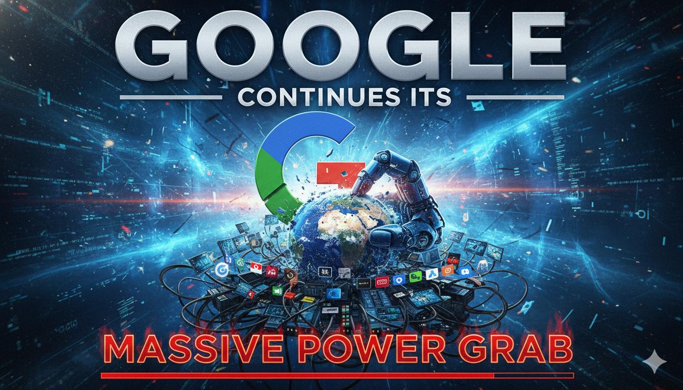 Illustration of Google logo extending tentacles into energy grids and AI clouds