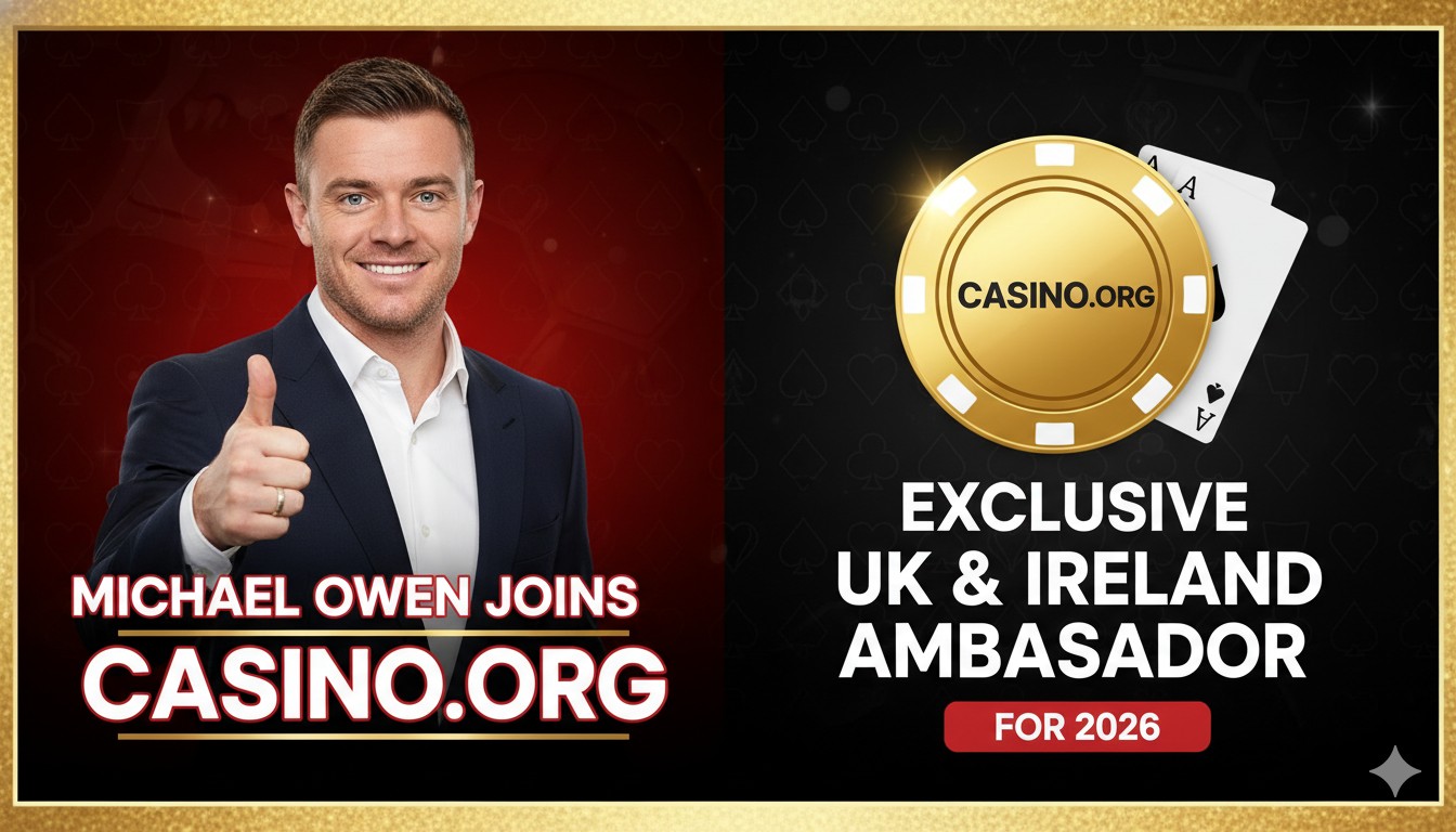 Michael Owen in professional attire alongside Casino.org branding elements
