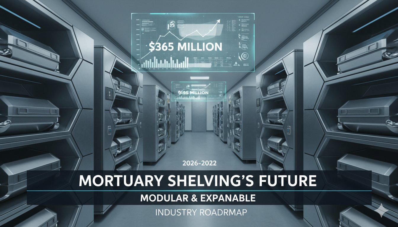 Sleek modular mortuary shelving units arranged in a modern storage facility