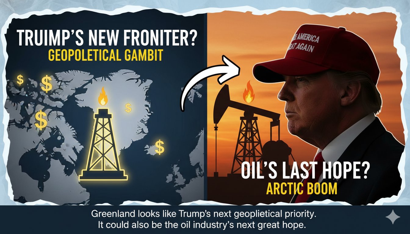 Aerial view of Greenland's icy landscape with emerging oil rigs in the foreground against a backdrop of Arctic waters.