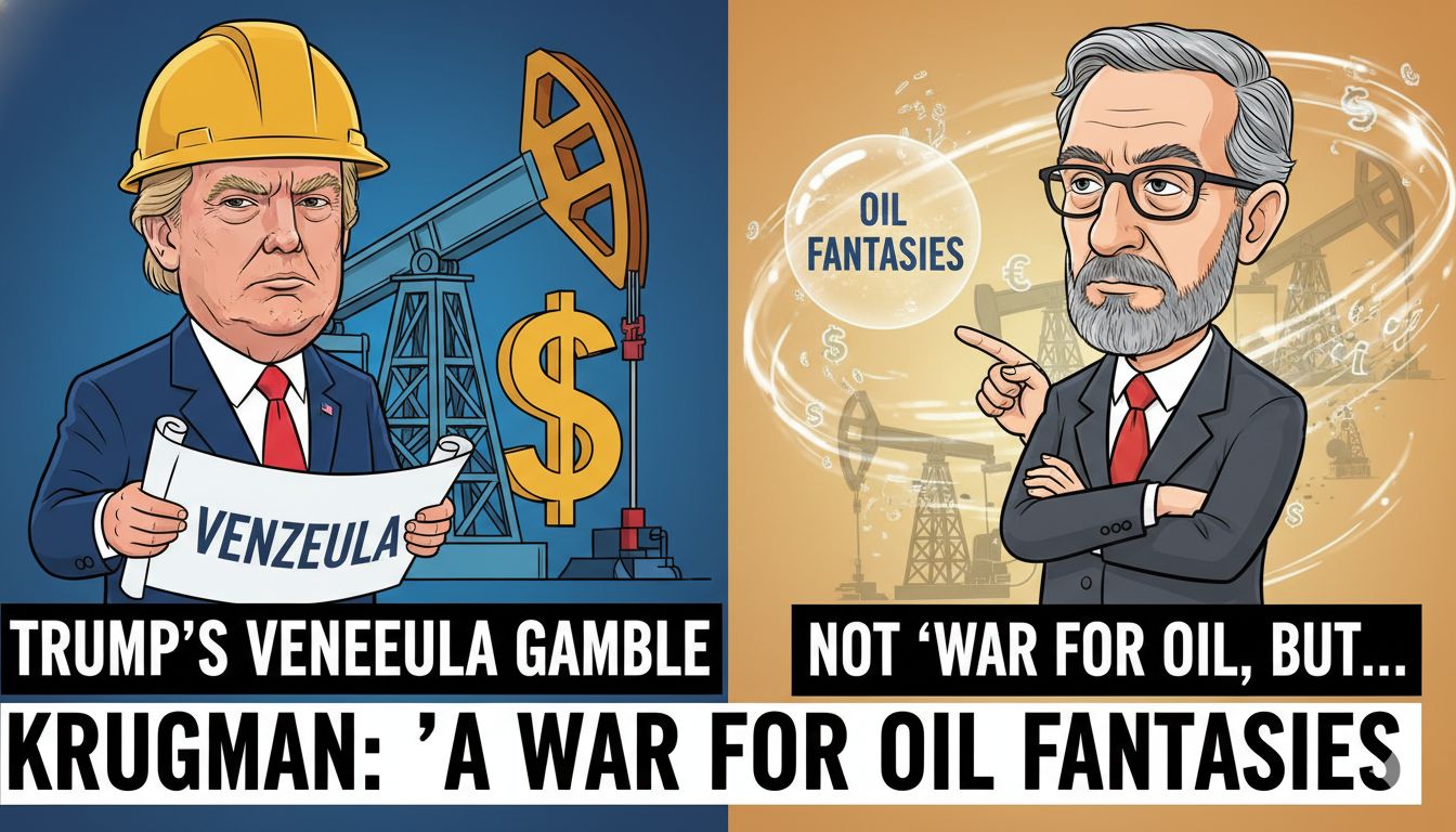 President Trump speaking at a podium with Venezuelan oil rig in background