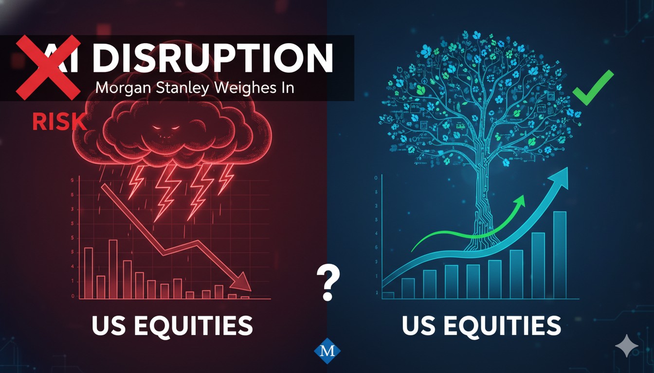 Stock market chart with AI technology overlay showing upward trends and risk warnings for US equities analysis