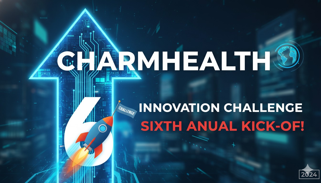 Graphic illustration of healthcare innovation with AI elements, EHR interface, and startup pitch concept for CharmHealth's 2026 Challenge