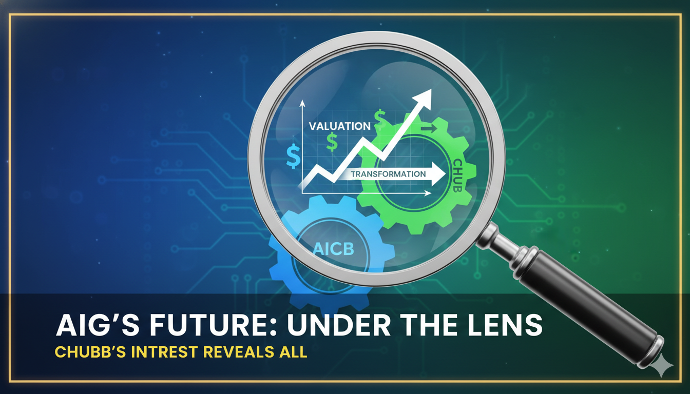 Stock charts overlaying corporate buildings representing insurance giants AIG and Chubb