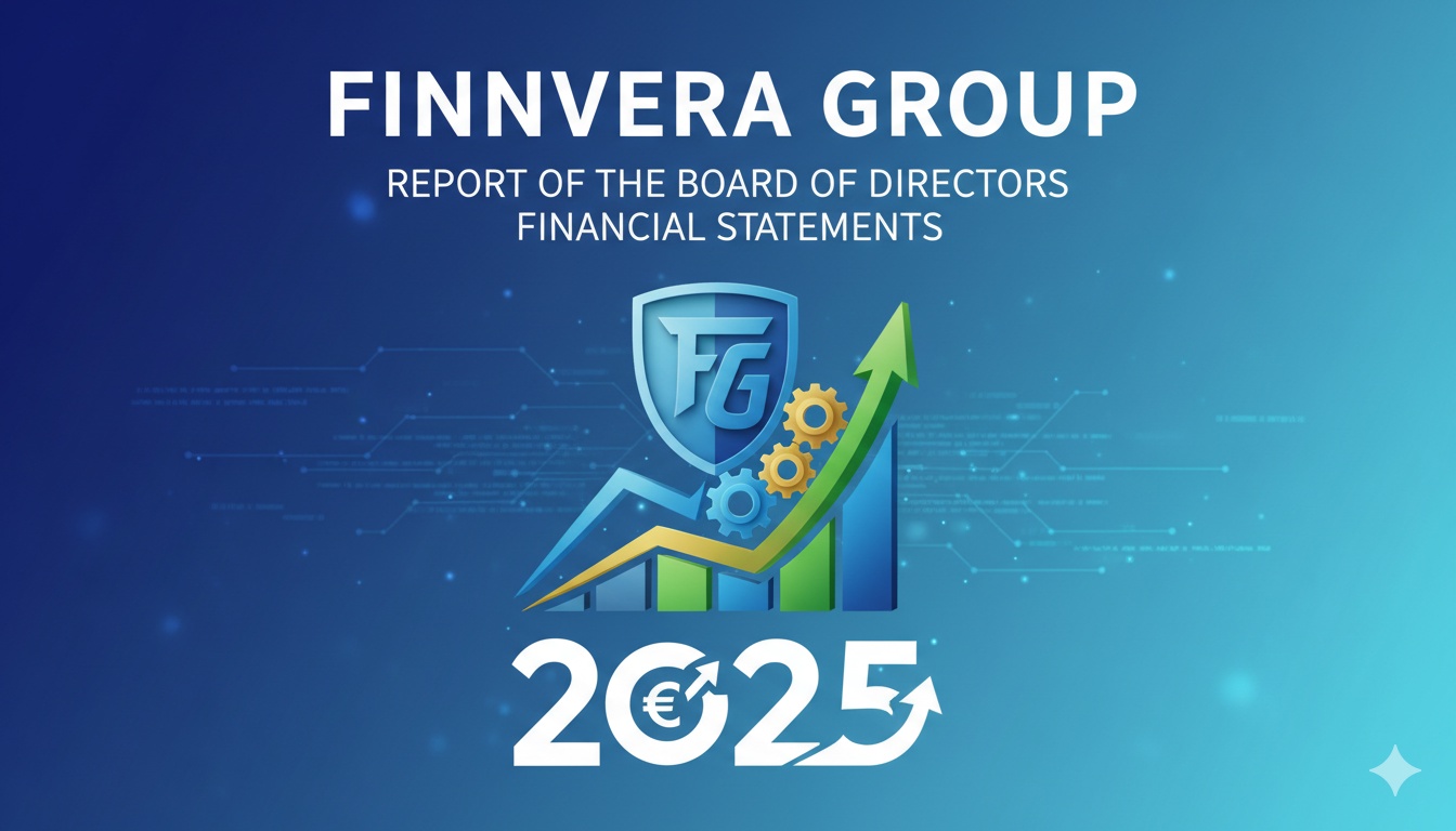 Finnvera Group headquarters building in Helsinki with Finnish flag and modern architecture representing state-backed financing for exports and businesses.