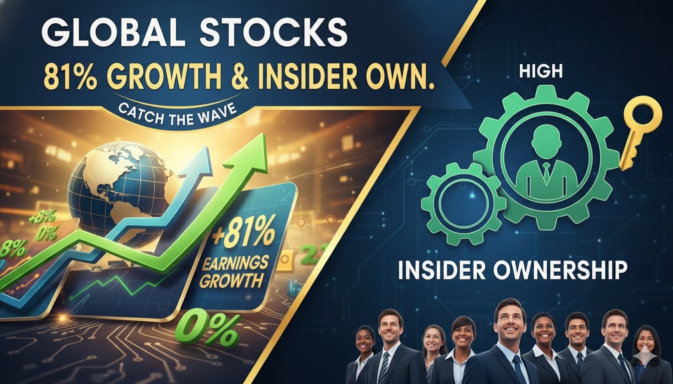 Chart illustrating global stocks with over 80% earnings growth and high insider ownership percentages