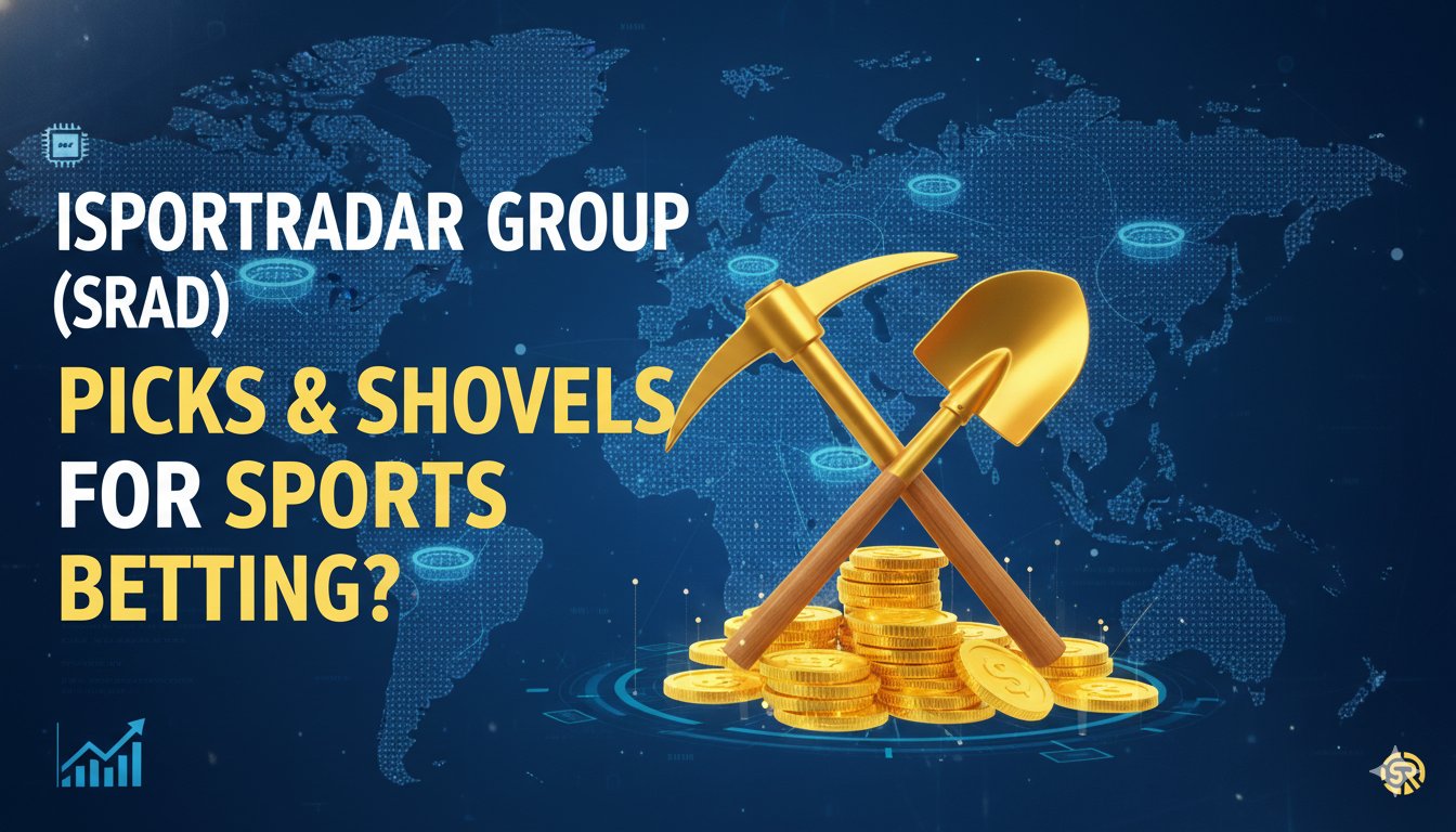 Chart showing Sportradar Group (SRAD) stock price trend overlaid with icons representing sports data feeds, betting platforms, and major league logos.