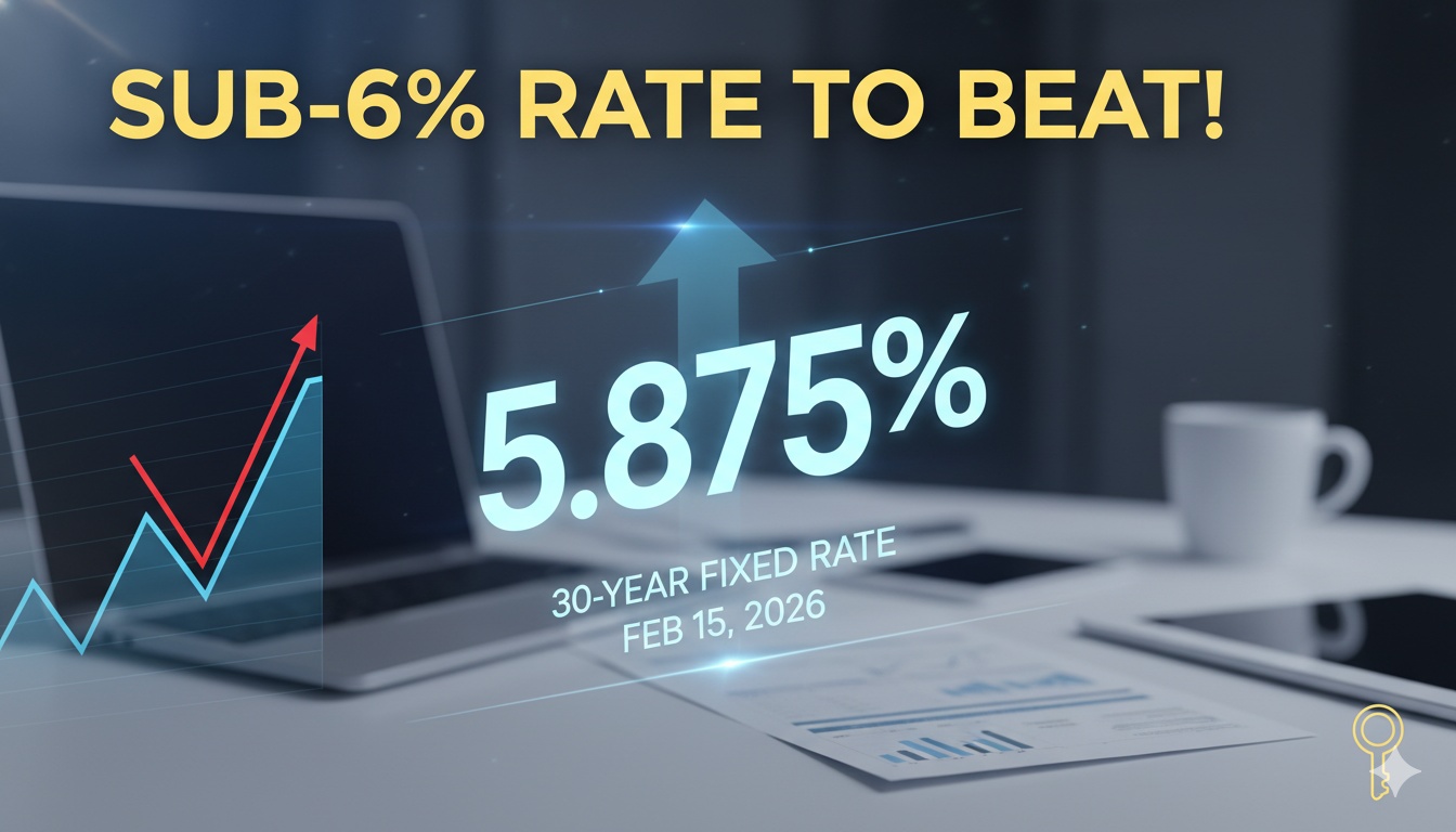 Graph showing declining 30-year fixed mortgage rates dipping below 6% as of February 15, 2026