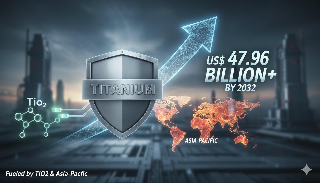 Global titanium market growth chart showing projection to $47.96 billion by 2032 with emphasis on titanium dioxide and Asia-Pacific region
