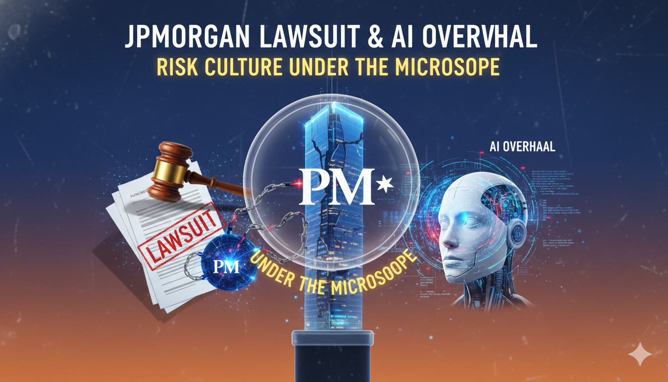 Alt Text for featured image : JPMorgan Chase headquarters building with overlay of digital AI circuits and legal documents representing risk scrutiny