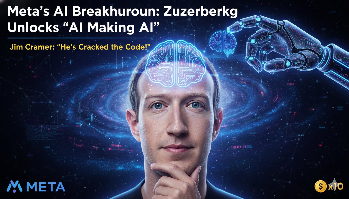 Mark Zuckerberg presenting Meta AI advancements on stage with holographic graphics and audience