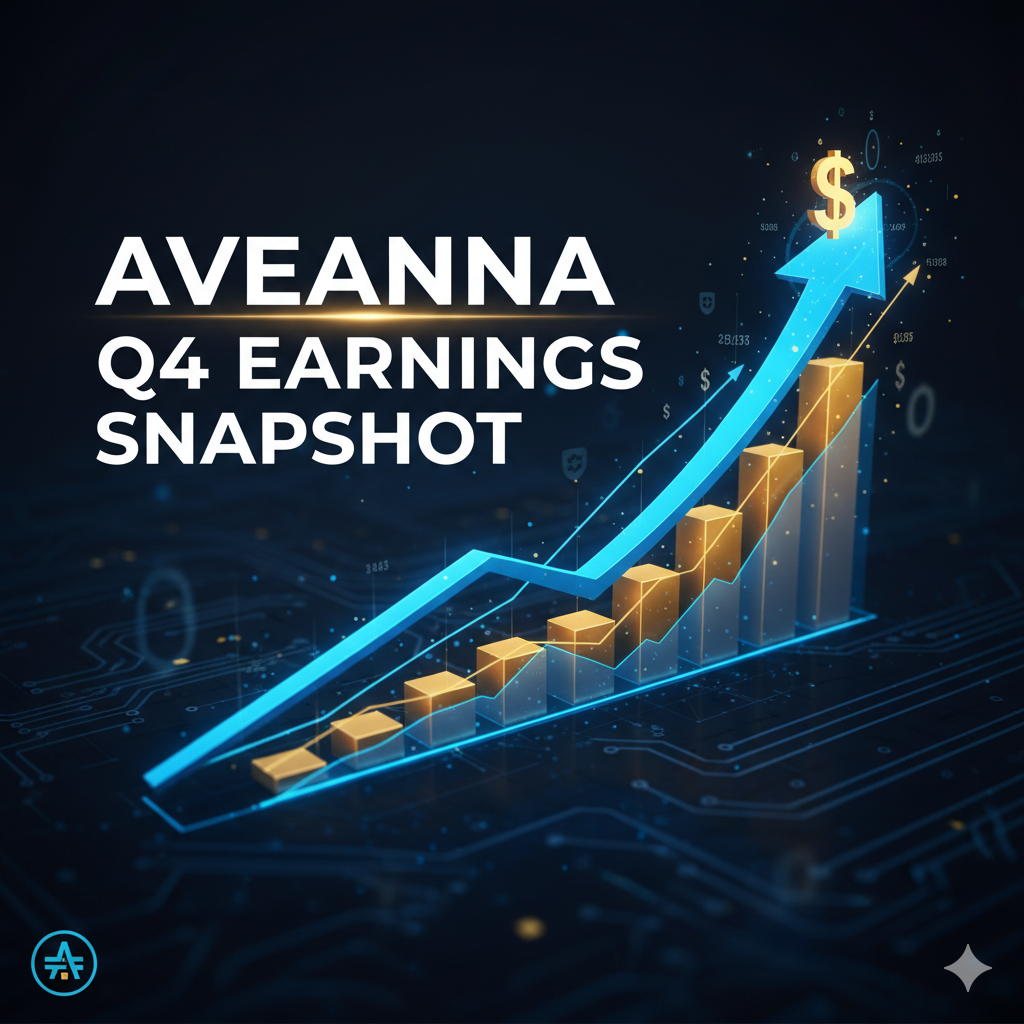 Aveanna Healthcare corporate logo with financial charts showing upward revenue and earnings trends for Q4 2025
