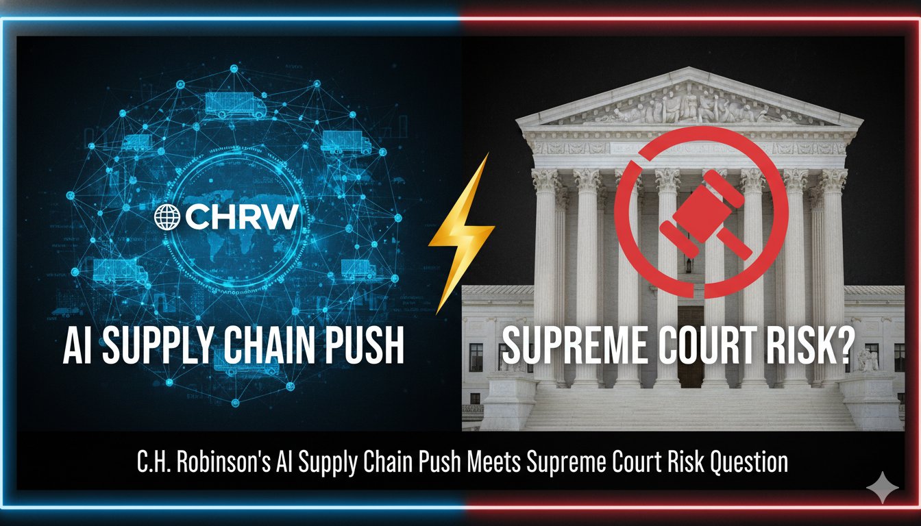 C.H. Robinson headquarters building with digital AI network overlay representing supply chain innovation and a subtle Supreme Court gavel in the background
