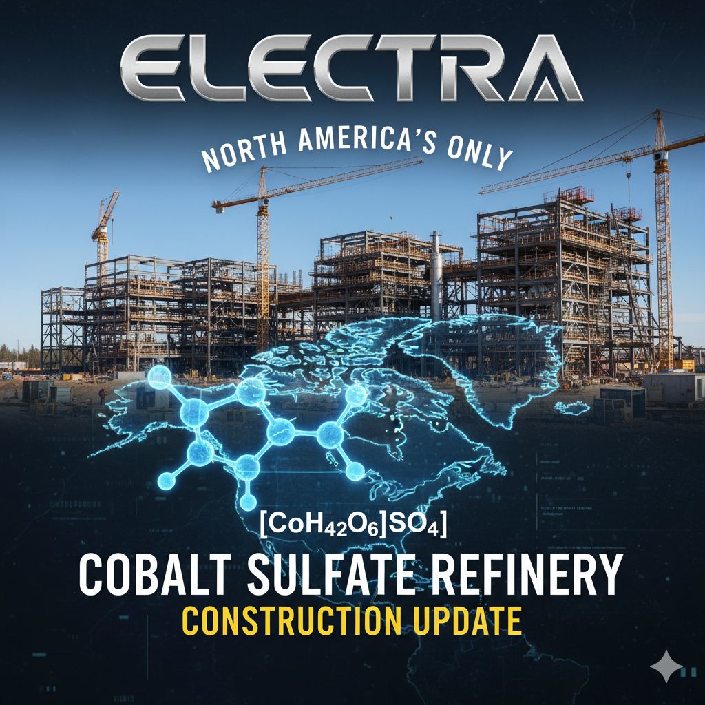 Construction site of Electra Battery Materials' cobalt sulfate refinery in Ontario, showing industrial equipment and structural installations for North America's first battery-grade cobalt processing facility.