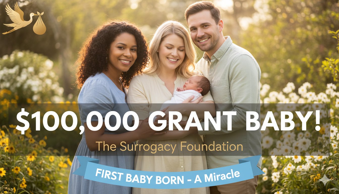 A joyful family including intended parents and a newborn baby girl celebrating the successful surrogacy journey funded by a $100,000 grant from The Surrogacy Foundation.