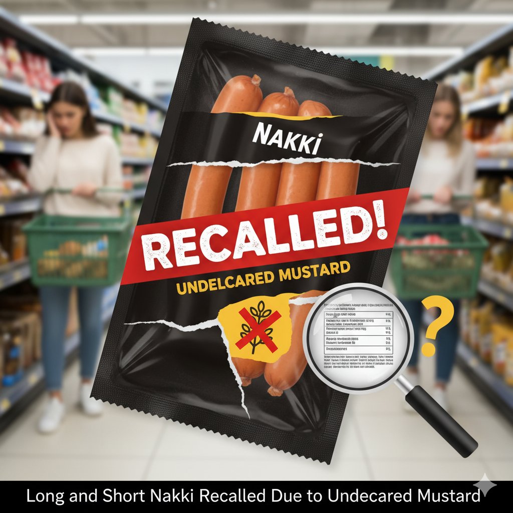 Packages of Long and Short Nakki snacks on a store shelf with recall warning overlay for undeclared mustard allergen