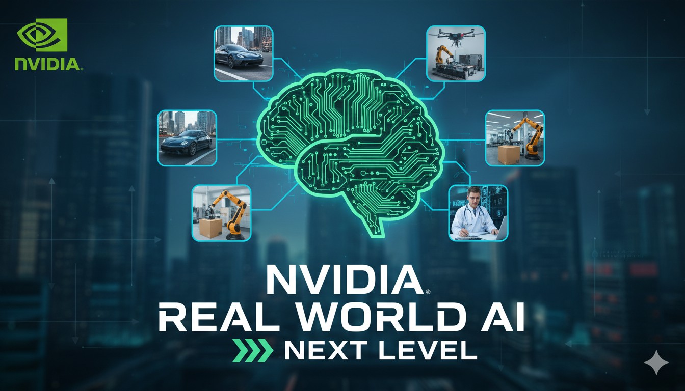 Nvidia logo overlaid on a futuristic humanoid robot interacting with real-world environment, representing advancements in physical AI and robotics.