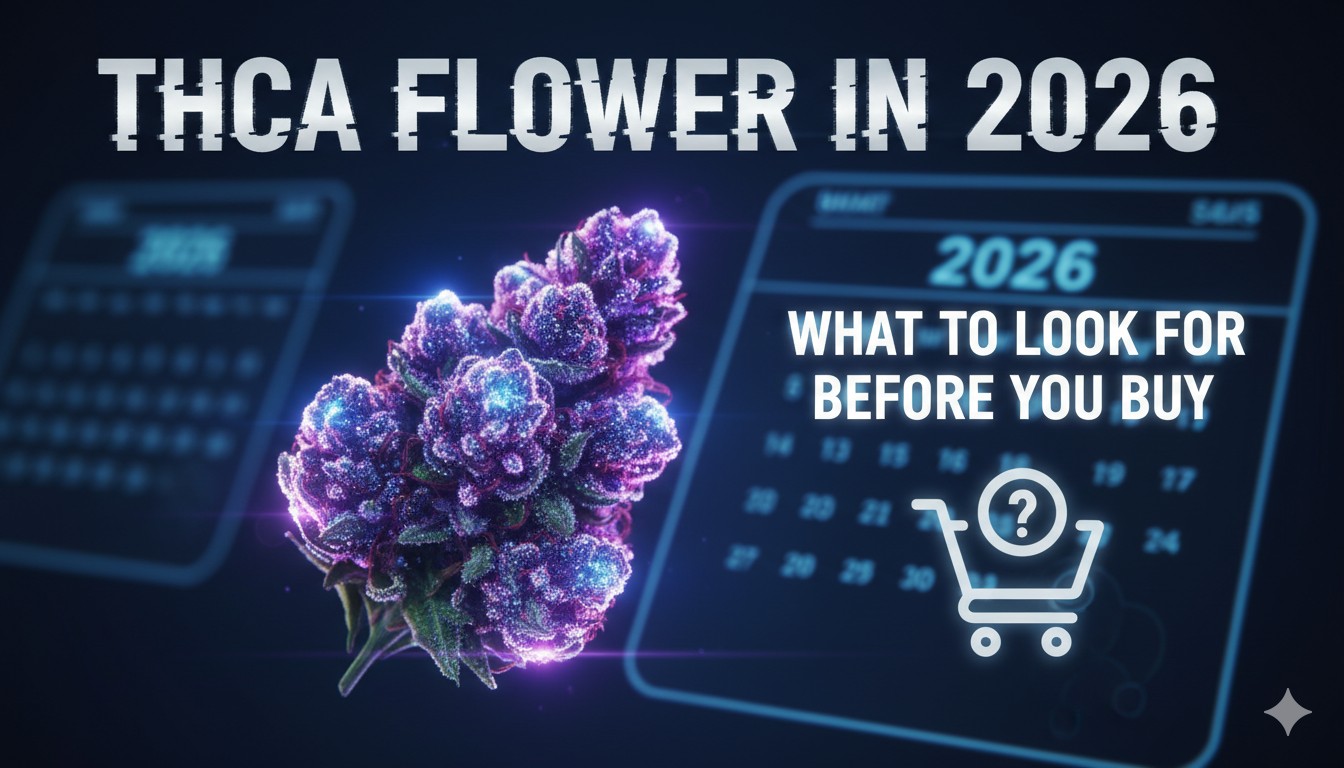 Close-up of premium THCA hemp flower buds with frosty trichomes and vibrant colors in 2026