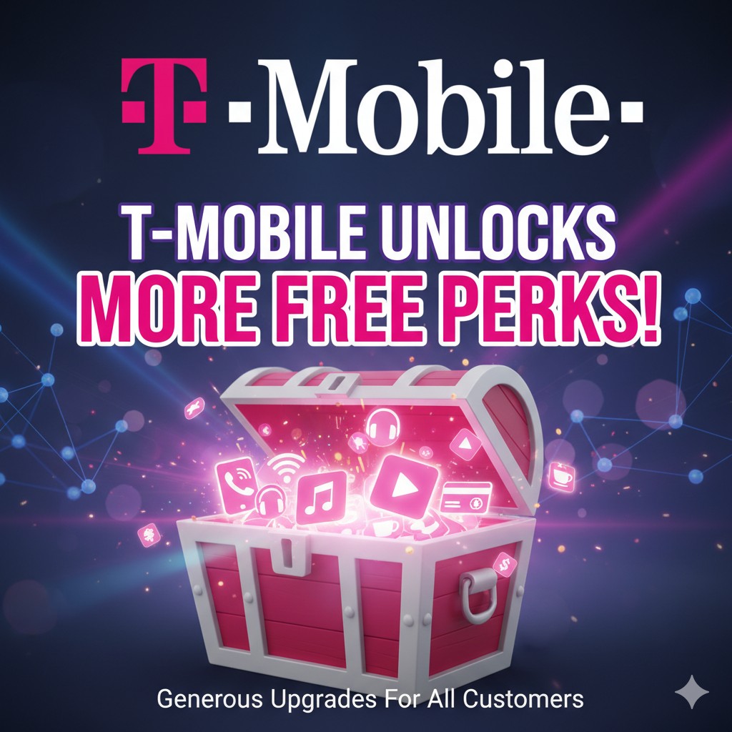 T-Mobile logo with colorful perk icons including baseball streaming, movie tickets, travel Wi-Fi, and dining rewards representing expanded free customer benefits